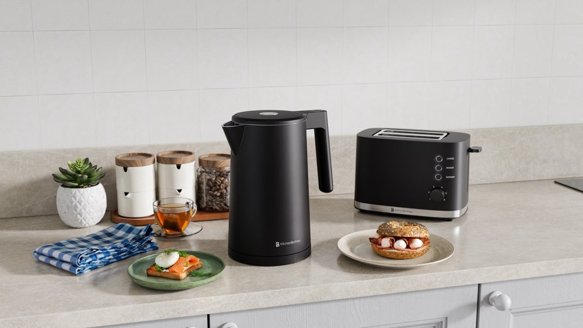 KitchenBrothers Waterkoker - 1.7L - Met Temperatuurregeling - PFAS- & BPA-vrij - Warmhoudfunctie - Display - Dubbelwandig - 2200W - Zwart – foto 3