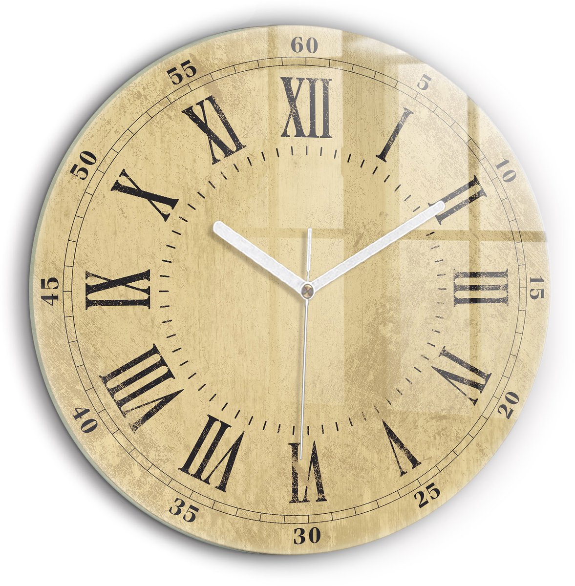 Wallfluent Wandklok - Bronzen Romeinse cijfers Klok als Muurdecoratie - 60 cm x 60 cm - Geel Wandklok - Witte Handen - Klok zonder getallen - Wandklok voor in de Keuken - Klok als Muurdecoratie - Modieuze Klok - Stijlvolle Klok