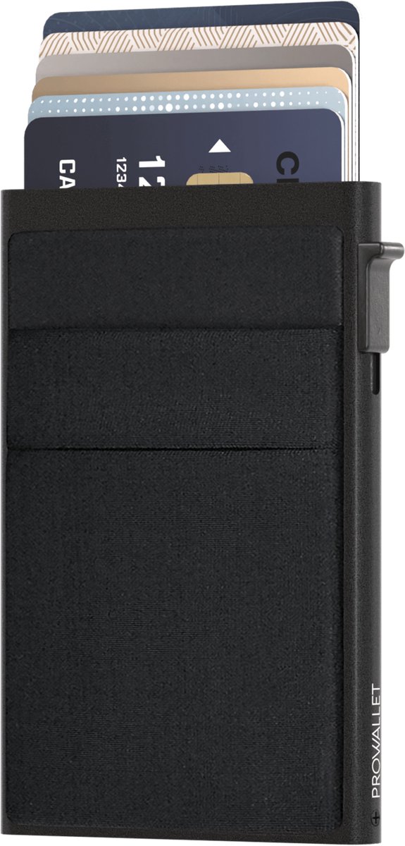 Prowallet Secure Deluxe - Zwart - Pasjeshouder 7 Pasjes, Briefgeld en Muntgeld - Uitschuifbaar - RFID Creditcardhouder - Kaarthouder Portemonnee, Premium Pashouder voor Mannen & Vrouwen - Hoogwaardig Aluminium - Incl. Luxe Cadeaubox