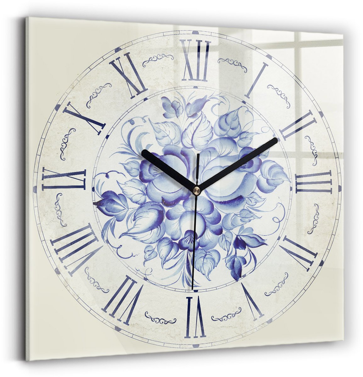 Wallfluent Wandklok - Blauwe bloemen Klok met Afbeelding - 30 cm x 30 cm - Grijs Wandklok - Zwarte Handen - Klok zonder getallen - Wandklok voor in de Keuken - Klok met Print - Kunstzinnige Klok - Klok als Muurdecoratie