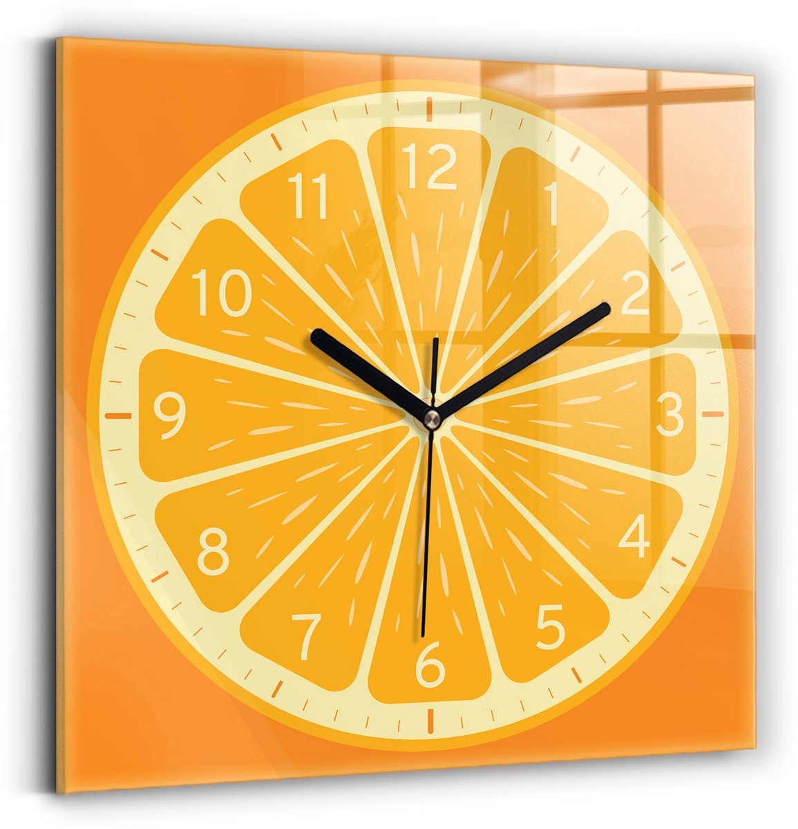 Wallfluent Wandklok - Sappige sinaasappel Unieke Wandklok - 30 cm x 30 cm - Oranje Wandklok - Zwarte Handen - Wandklok zonder cijfers - Wandklok Glas Woonkamer - Decoratieve Wandklok - Design Wandklok - Decoratieve Wandklok