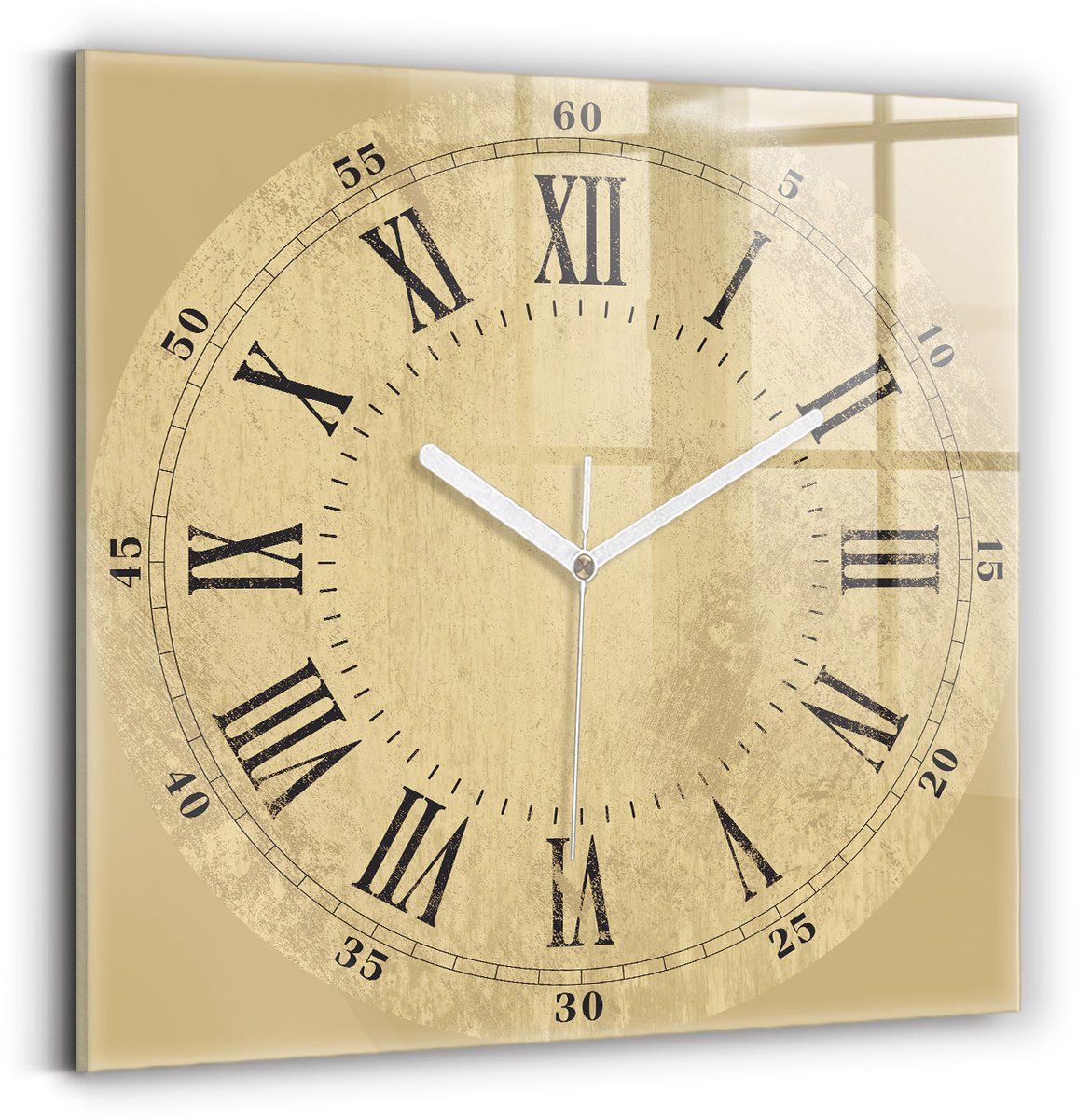Wallfluent Wandklok - Bronzen Romeinse cijfers Klok met Print - 30 cm x 30 cm - Geel Wandklok - Witte Handen - Wandklok zonder cijfers - Stille Wandklok Slaapkamer - Unieke Wandklok - Minimalistische Klok - Unieke Wandklok