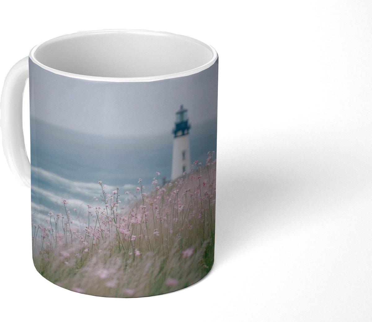 Mok - Koffiemok - Vuurtoren - Klif - Zee - Bloemen - Mokken - 350 ML - Beker - Koffiemokken - Theemok