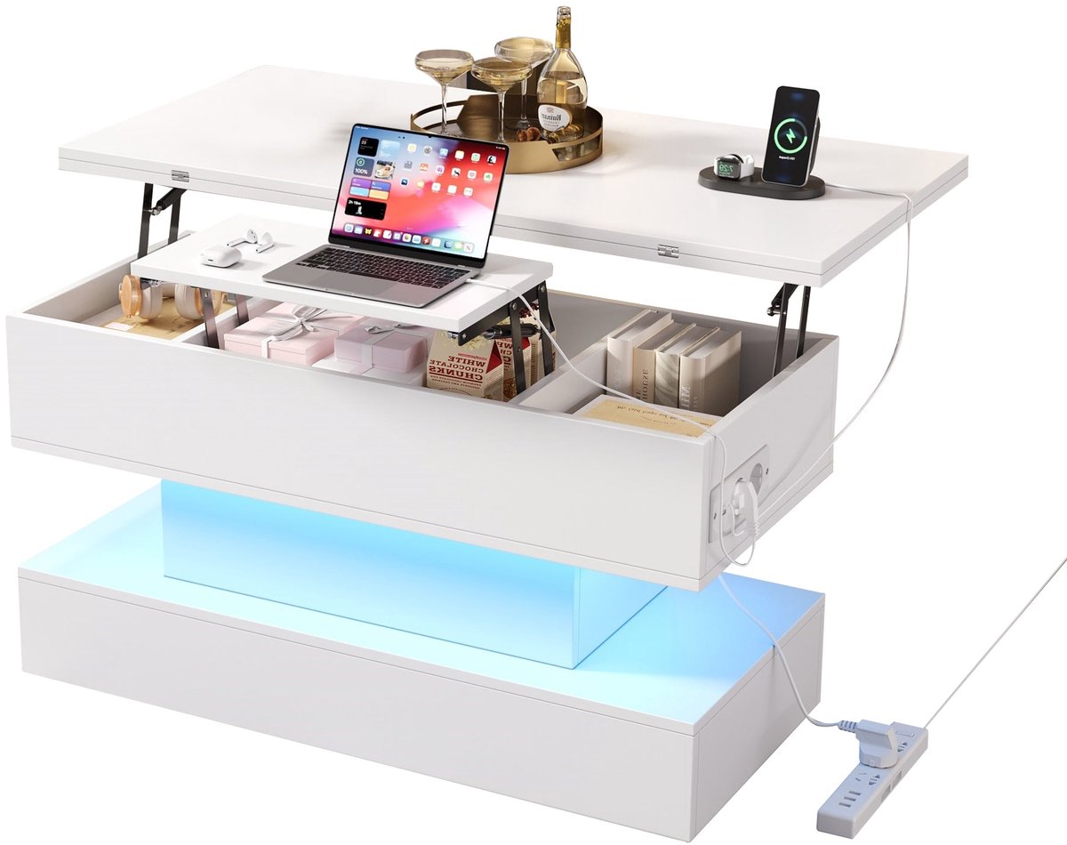 Merax Salontafel met LED-Verlichting - In Hoogte Verstelbare Tafel met USB & Type-C Oplaadpunten - Uitschuifbaar & Opvouwbaar Ontwerp met Opbergruimte - Wit - 100×50×51,5 cm