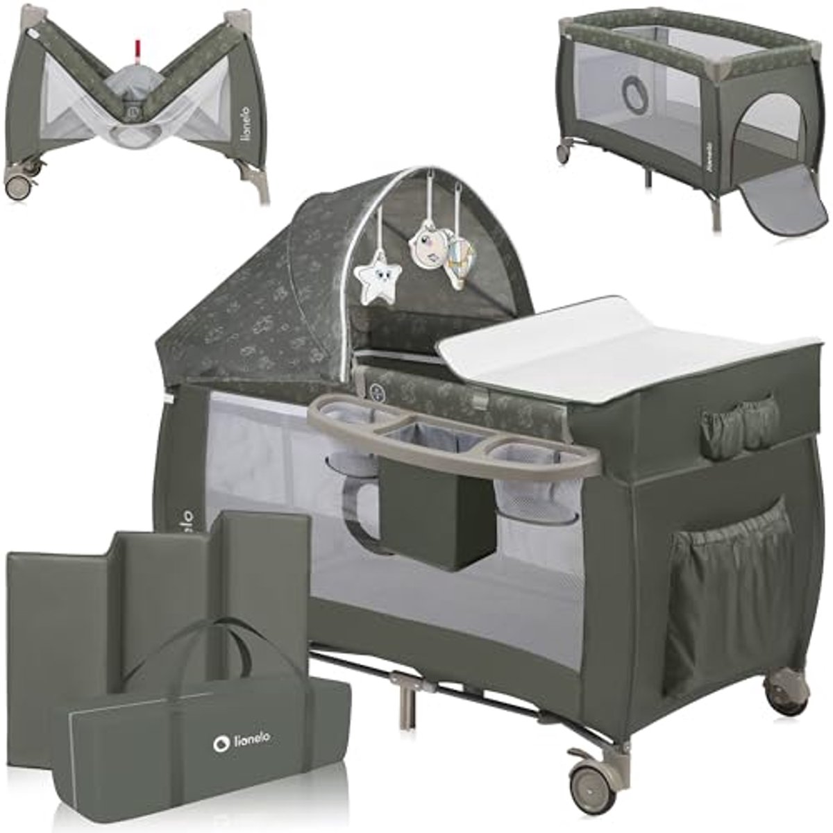 Image of 4-in-1 Campingbedje met Verschoontafel, Speelboog en Moskitonet – Compact Opvouwbaar, Draagtas & Wielen
