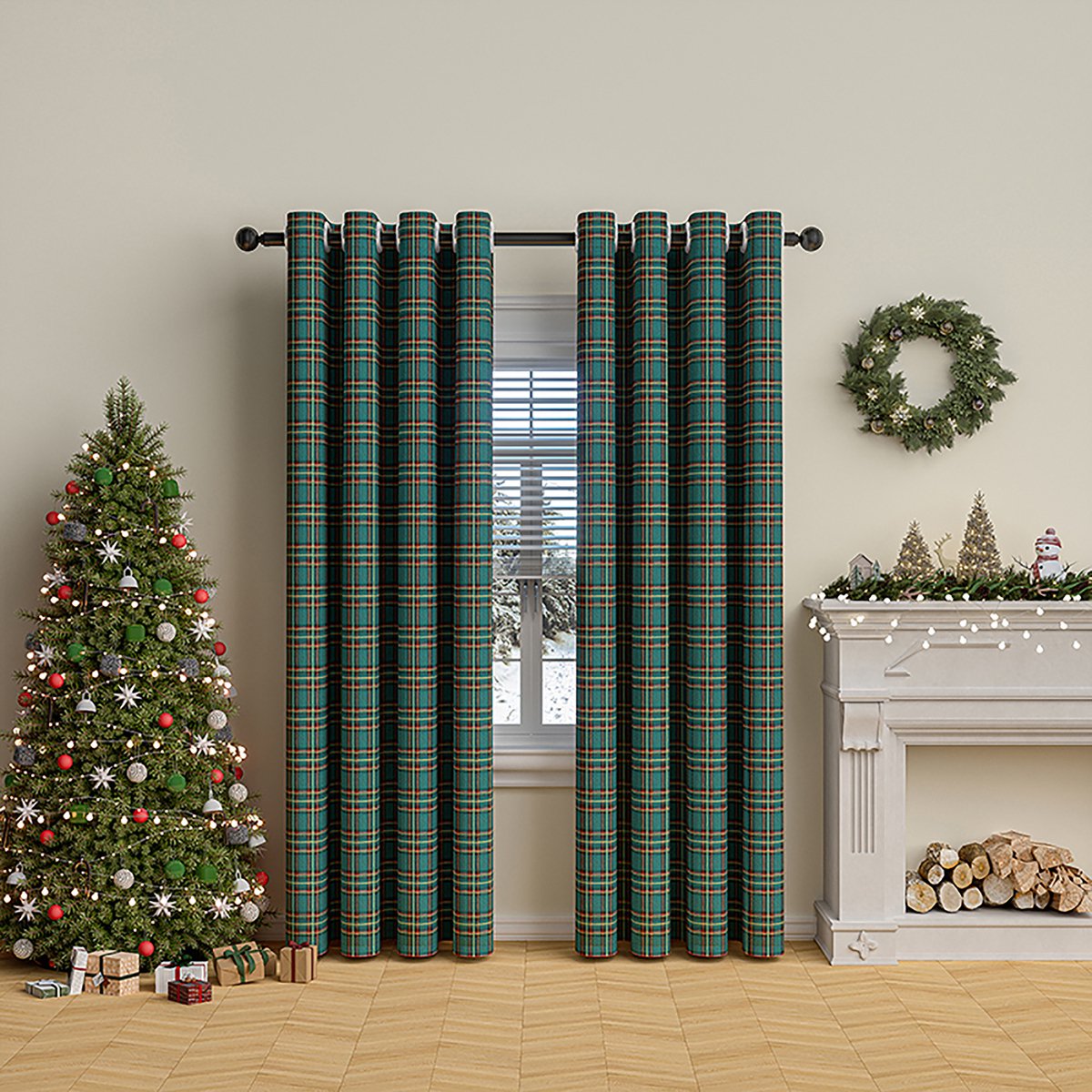 Qelus Groen Kerst Gordijn met Ruitjes 132x241 cm - Kant en Klaar met Ringen - Verduisterend Vintage Gordijn voor Woonkamer en Slaapkamer - Kerstdecoratie voor een feestelijke sfeer
