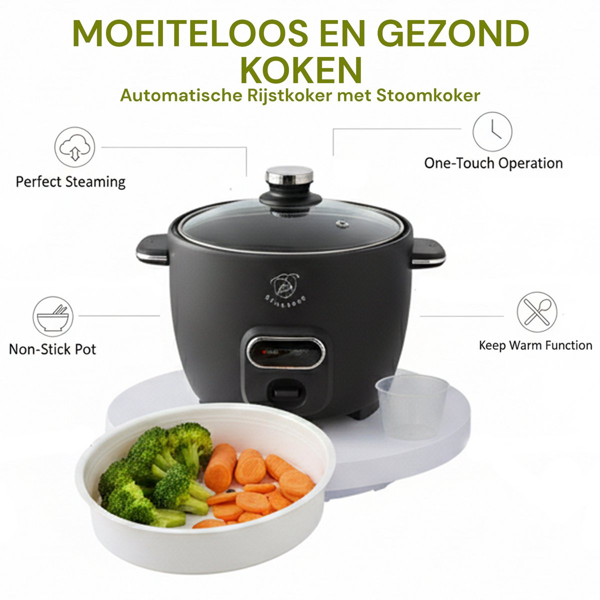 Royal Swiss® Rijstkoker – 1.8L – 650W – Glazen Deksel – Anti-aanbak Binnenpan – Inclusief Rijstlepel & Maatbeker thumbnail 6