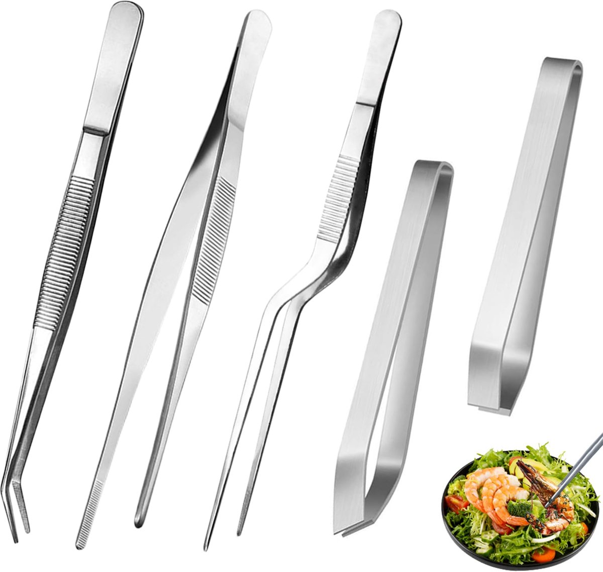 Ibenzoa® Set van 5 multifunctionele roestvrijstalen pincetten voor keuken en hobby