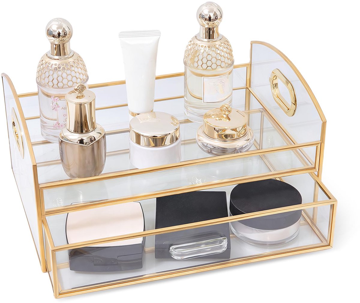 Ibenzoa® Stijlvolle glazen make-up en skincare organizer met ruime opbergladen