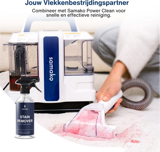 Samako vlekkenreiniger met spuitfles "Stain Remover" die rode vlekken op een wit tapijt verwijdert.