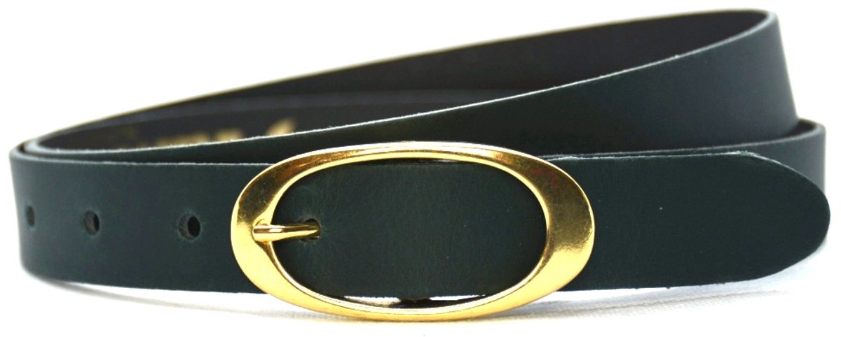 Take-it Dames Riem Leer Groen – Breedte 2.5 cm – Leren Vrouwen Riem - Lengte totaal 100 cm / Riemmaat 85 - Ovale gouden gesp