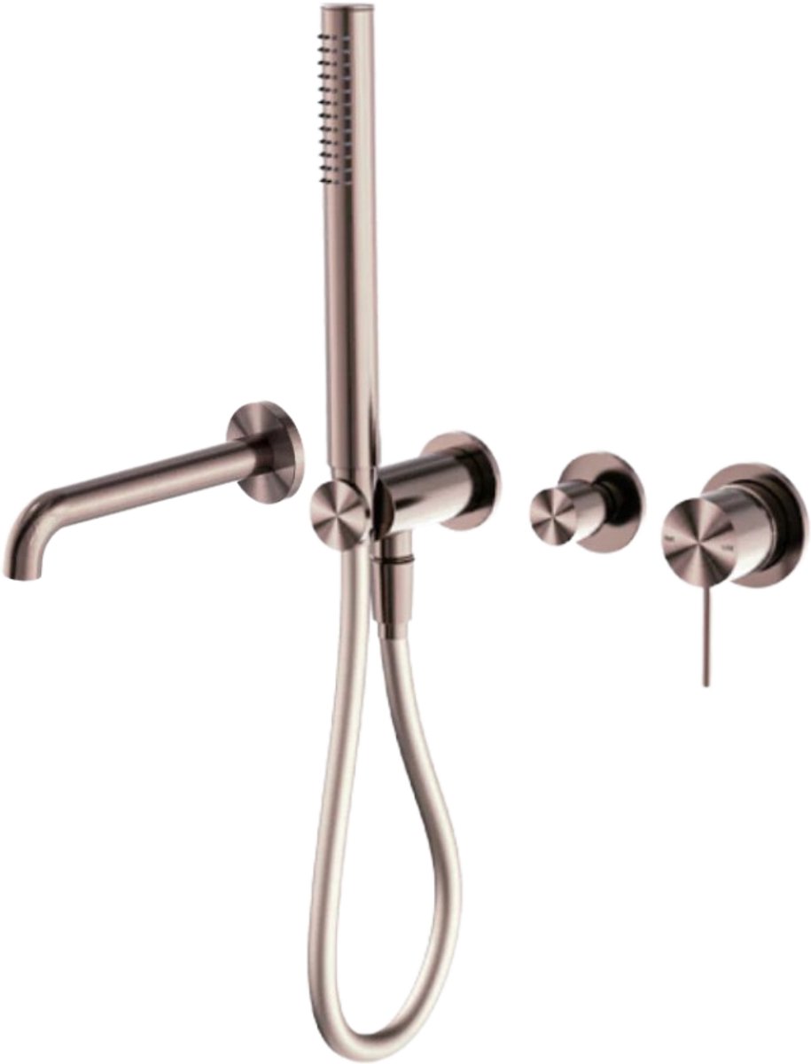 Owen & Finch Badkraan Geborsteld Satijn Brons PVD – Messing Mengkraan met Staafhanddouche – 215mm Uitloop – Inbouw Badmengkraan – Inclusief Inbouwdeel