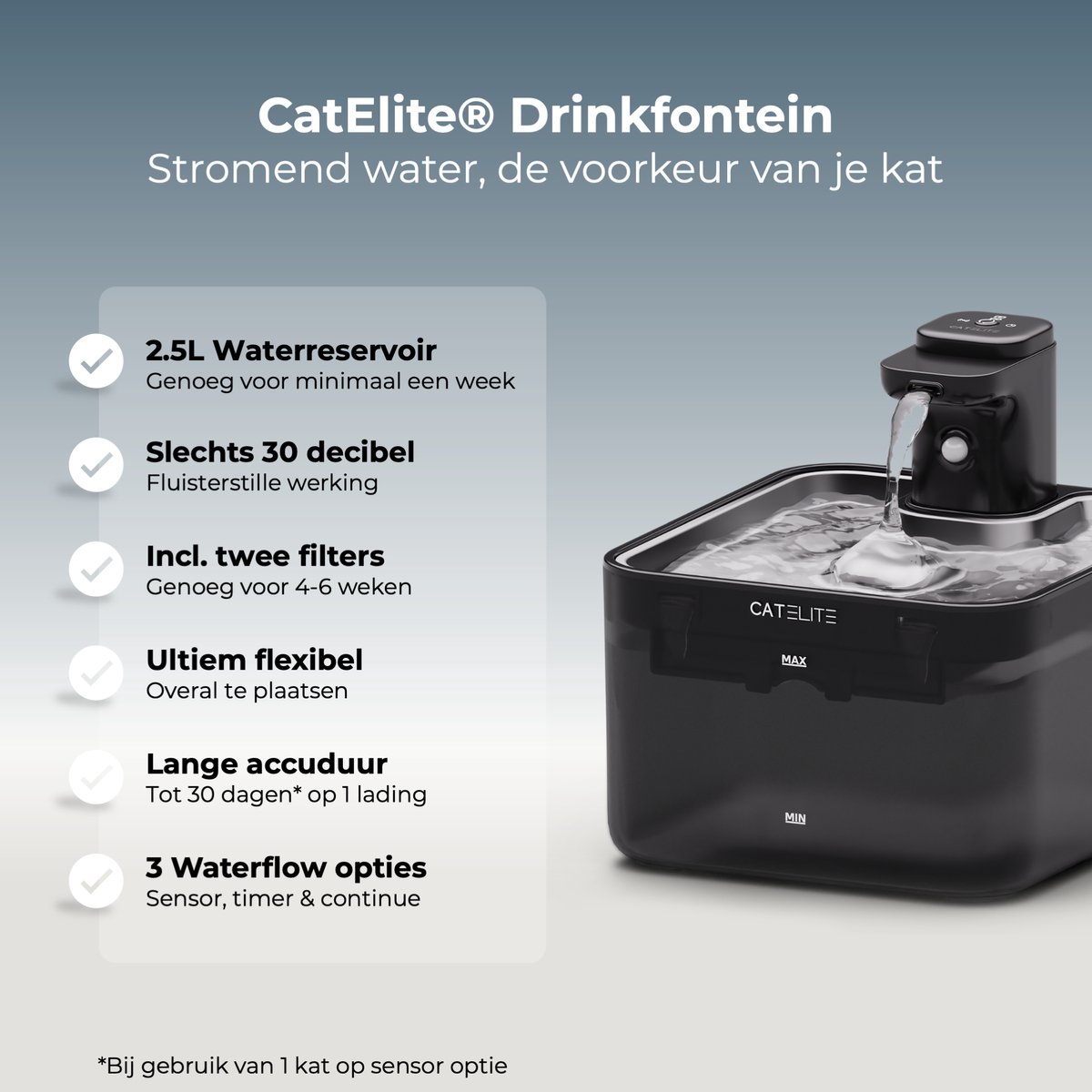 CatElite® - Draadloze Drinkfontein Kat RVS | Wave - Waterdispenser met Sensor & Accu - Incl. 2 Filters - 2.5L Waterfontein Kat - Kattenfontein - Fluisterstil - Zwart - Upgraded Version thumbnail 8