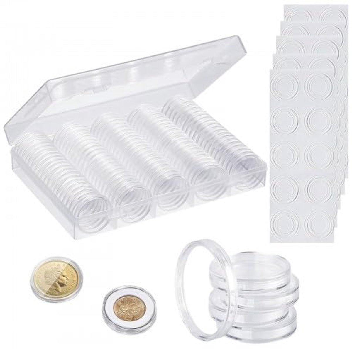 Ronde muntenhouder met 100 capsule voor munten van 17 mm tot 30 mm