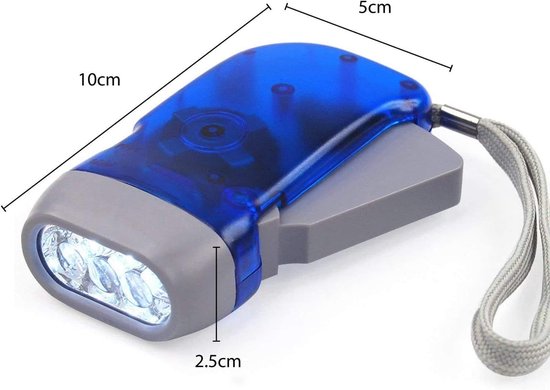Blauwe en grijze handmatige zaklamp van 10 cm lang, met afmetingen aangegeven.