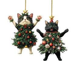 Kerstversiering in de vorm van een kat - 2D zwart-wit poesje - Kerstversiering in de vorm van een kerstboom - Leuke kerstboomversiering - Autospiegel, tasversiering - Schoorsteenversiering - Cadeau voor kattenliefhebbers - 2 artikelen