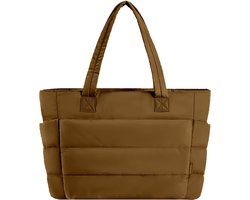 longziming -Gewatteerde Dames Handtas – Lichtgewicht Nylon Tote Bag met Meerdere Vakken – Ruime Schoudertas voor Werk & Reizen – Bruin