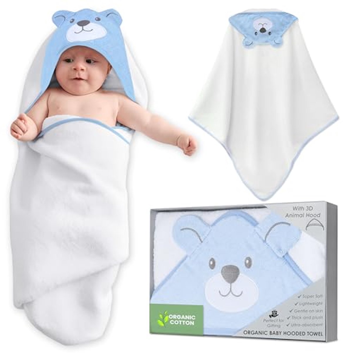 Hooded Baby Bath Towel 84cm x 84cm - 100% Cotton, Machine Washable, Soft & Cozy