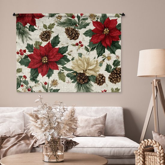 Wandkleed 120x90 cm - Wanddoek Feestelijk - Textielpatroon - Kerstbloemen - Kleurrijk - Wandtapijt - Wandkleden