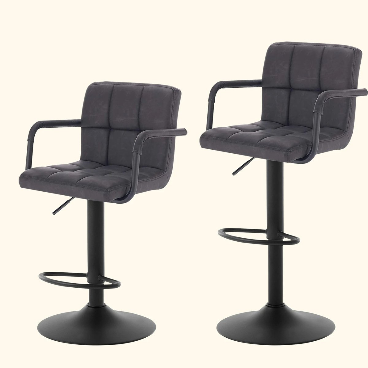 Cozy Cottage® Set van 2 Leren Barstoelen – In Hoogte Verstelbare Draaibare Barkrukken met Rugleuning – Gewatteerde Zitting & Armleuningen – Comfortabele Stoelen voor Eetkamer & Keuken Antraciet