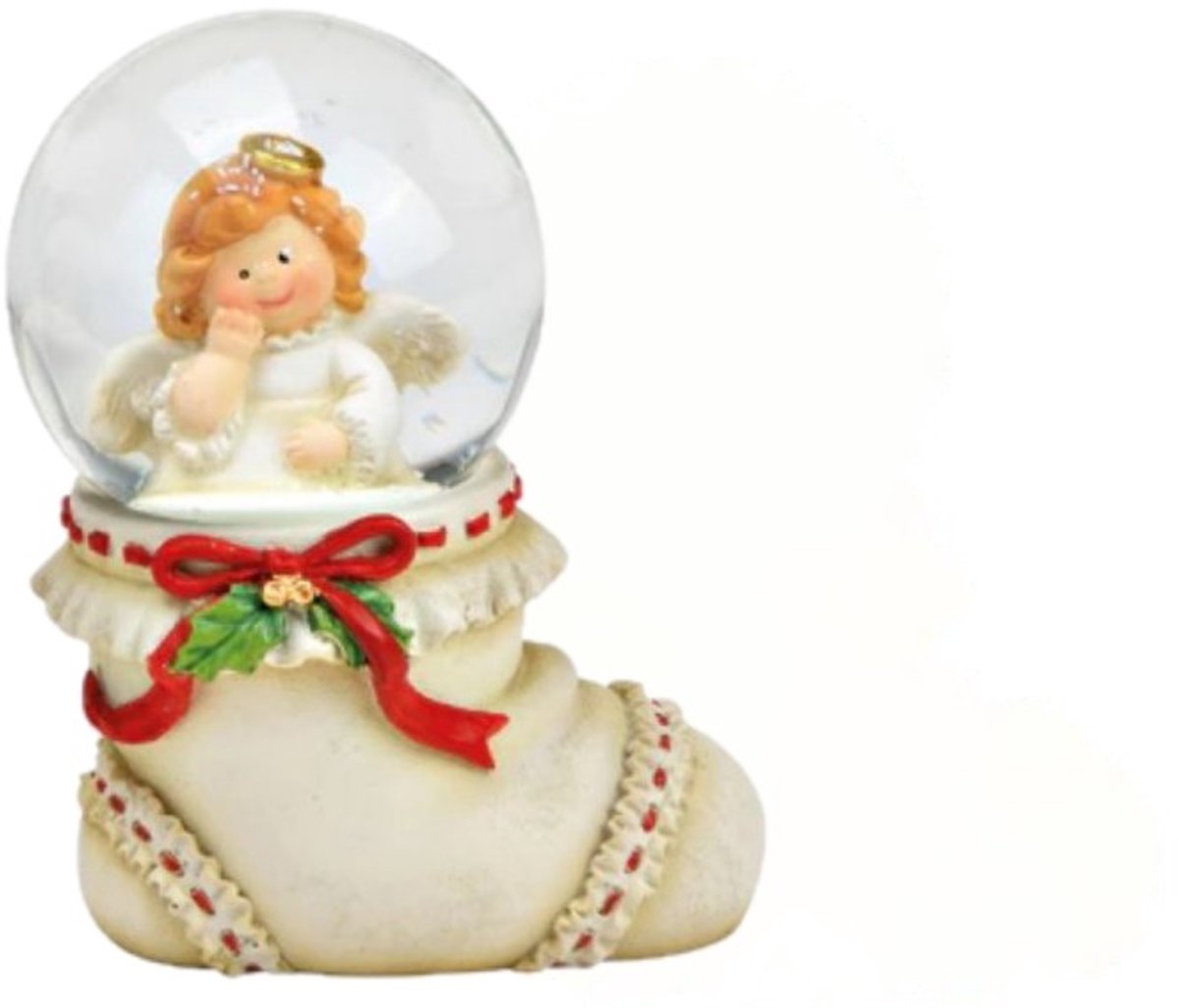 Sneeuwbol engeltje op witte kerstsok met rode strik 6x8x4cm