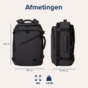 Afmetingen van de TRVLMORE rugzak: 49 cm hoog, 39 cm breed en 13-19 cm diep. 40 liter, 1.3 kg.