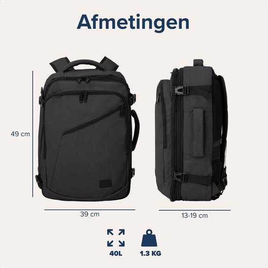 Afmetingen van de TRVLMORE rugzak: 49 cm hoog, 39 cm breed en 13-19 cm diep. 40 liter, 1.3 kg.