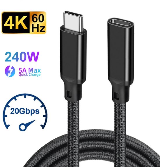 Câble USB-C mâle vers femelle noir avec indications "4K 60Hz", "240W 5A Max Quick Charge", "20Gbps".