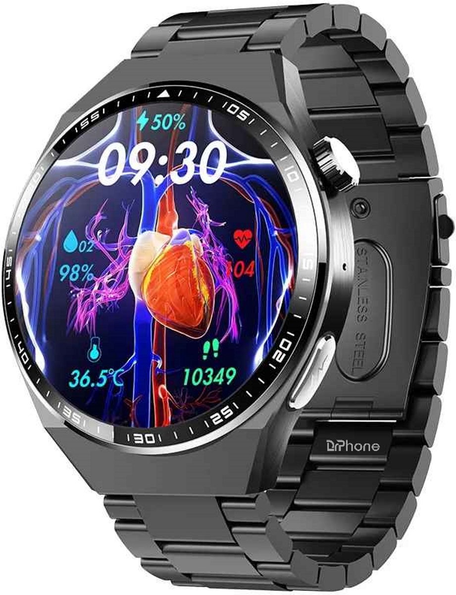 DrPhone ChronaX4 Smartwatch – ECG, Bloedglucose, SpO2, Urinezuur, Lichaamssamenstelling, Bluetooth Bellen, 158 Sportmodi, Slaap & HRV, IP67 – Zwart