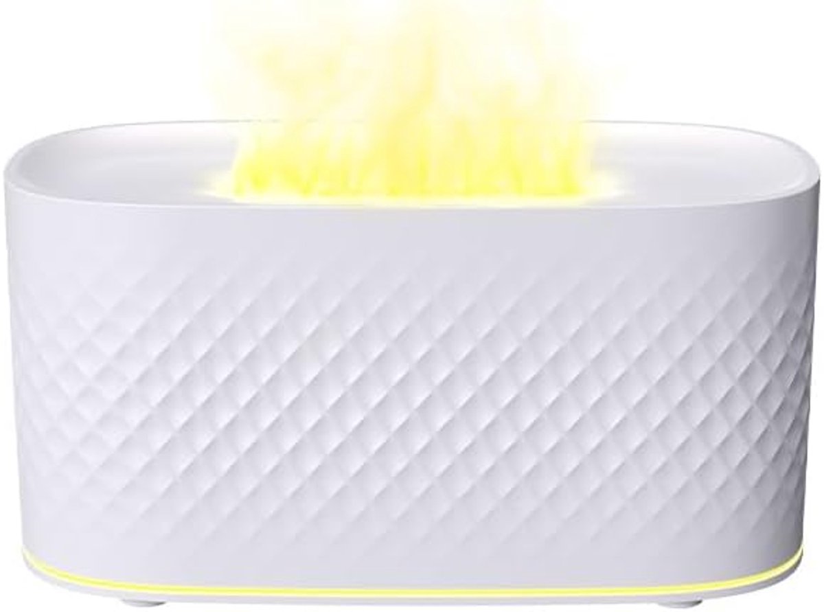 Vlamverspreider-luchtbevochtiger voor essentiële oliën - Ultrasone aromaverspreiders met brandende vlammen, USB-persoonlijke desktop, stille, koele mist, kleine luchtbevochtiger met automatische uitschakeling voor thuis, kantoor, slaapkamer (wit)
