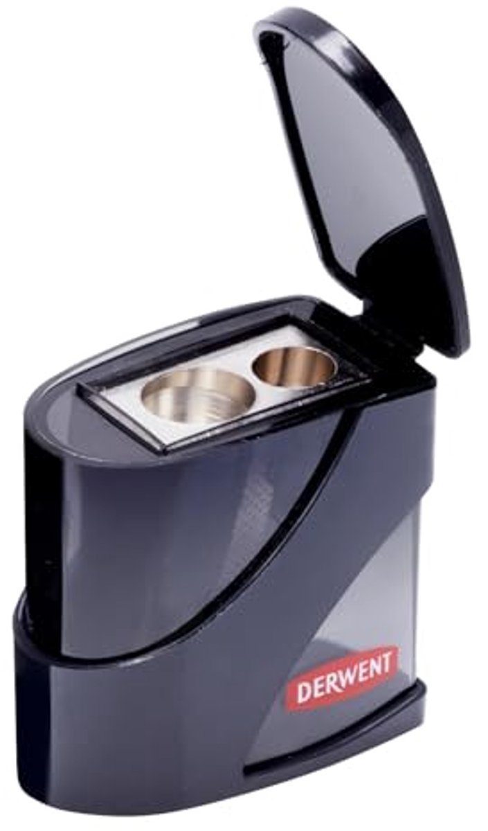 Dubbele Handmatige Potloodslijper met Vangbakje voor Kunstenaars, Geschikt voor Potloden van 11.5 mm en 8.25 mm, Robuuste Metaalconstructie, Zwart