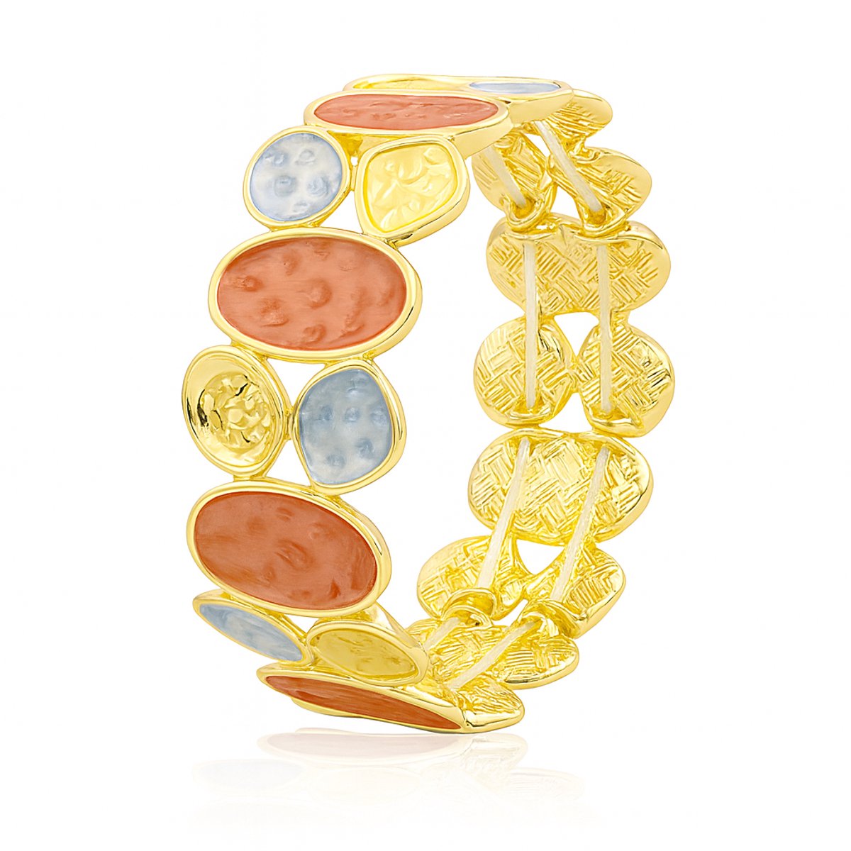 Vrouwelijke Elasticiteit Armband met Onregelmatige Ovalen in Blauw, Rood en Goud