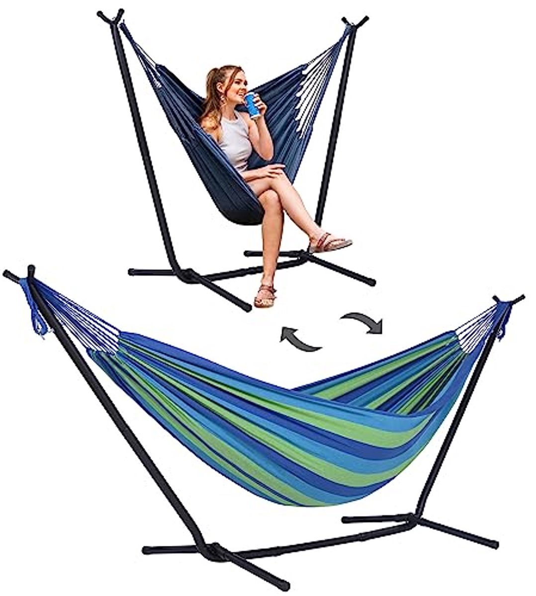 2-in-1 Hangmat met Standaard - Zware Tweepersoonshangmat, 215 kg Capaciteit - Blauw Gestreept