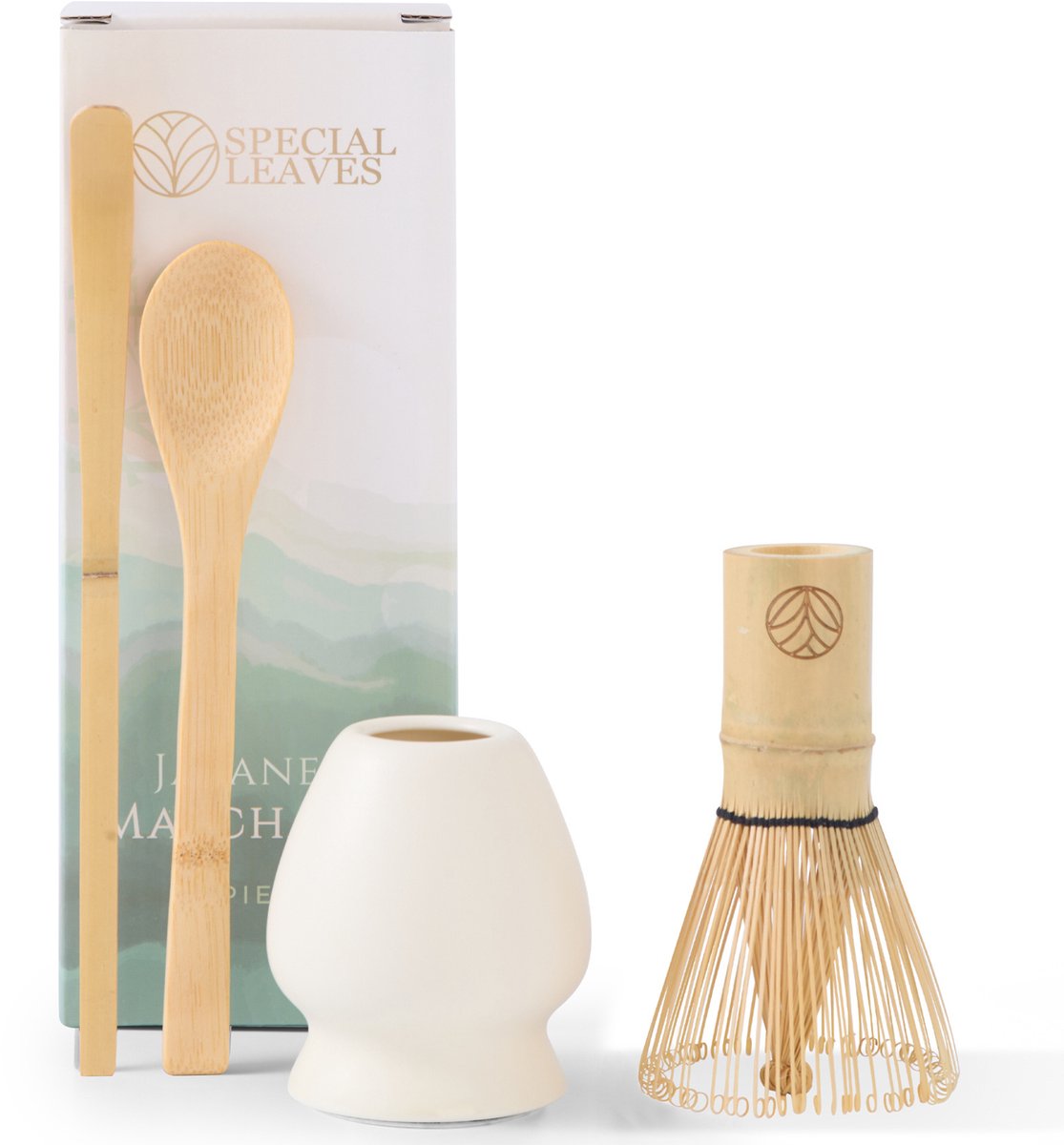 Special Leaves Matcha Set - Wit - 4-delig - Matcha Thee Set - Matcha Klopper, Lepel, Scoop & Klopperhouder - Origineel Cadeau