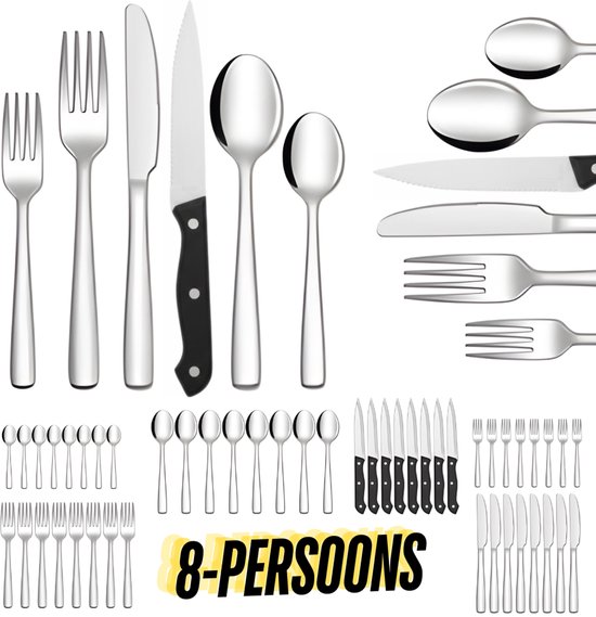 Un ensemble de couverts argentés comprenant 8 fourchettes, 8 couteaux, 8 cuillères, 8 couteaux à steak et 8 petites fourchettes.