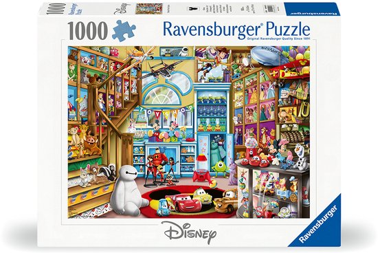 Ravensburger 1000 stukjes Disney puzzel in een speelgoedwinkel met personages zoals Baymax, Incredibles, Cars, Monsters en meer.