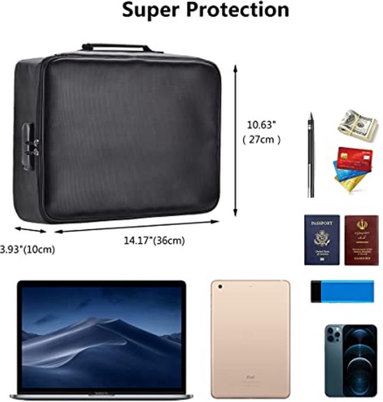 Zwarte documententas met slot, inclusief afmetingen en inhoud: laptop, tablet, paspoorten, geld, kaarten, pen, U-schijven.