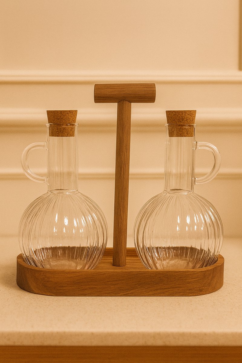 Mevaz Glazen Olie- en Azijn Set – 2 Flessen met Kurk Stop – Luxe Geribbelde Karafjes op Houten Standaard – Elegant Tafelaccessoire voor Keuken en Diner