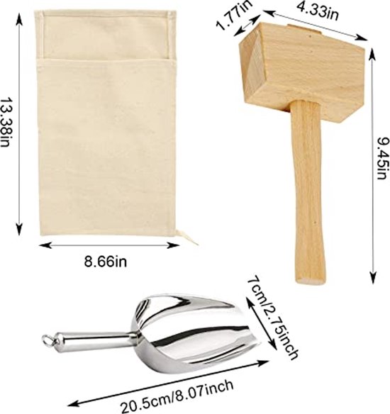 Set van 2 herbruikbare canvas ijszakken met houten hamer en ijsschep voor het verpletteren van ijs van Merkloos — afbeelding 2