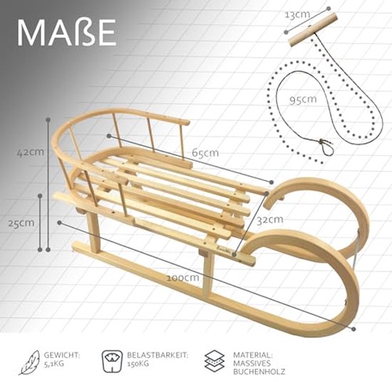Houten Slee met Rugleuning en Trekkoord - Kinderslee 100 cm van Merkloos — afbeelding 5