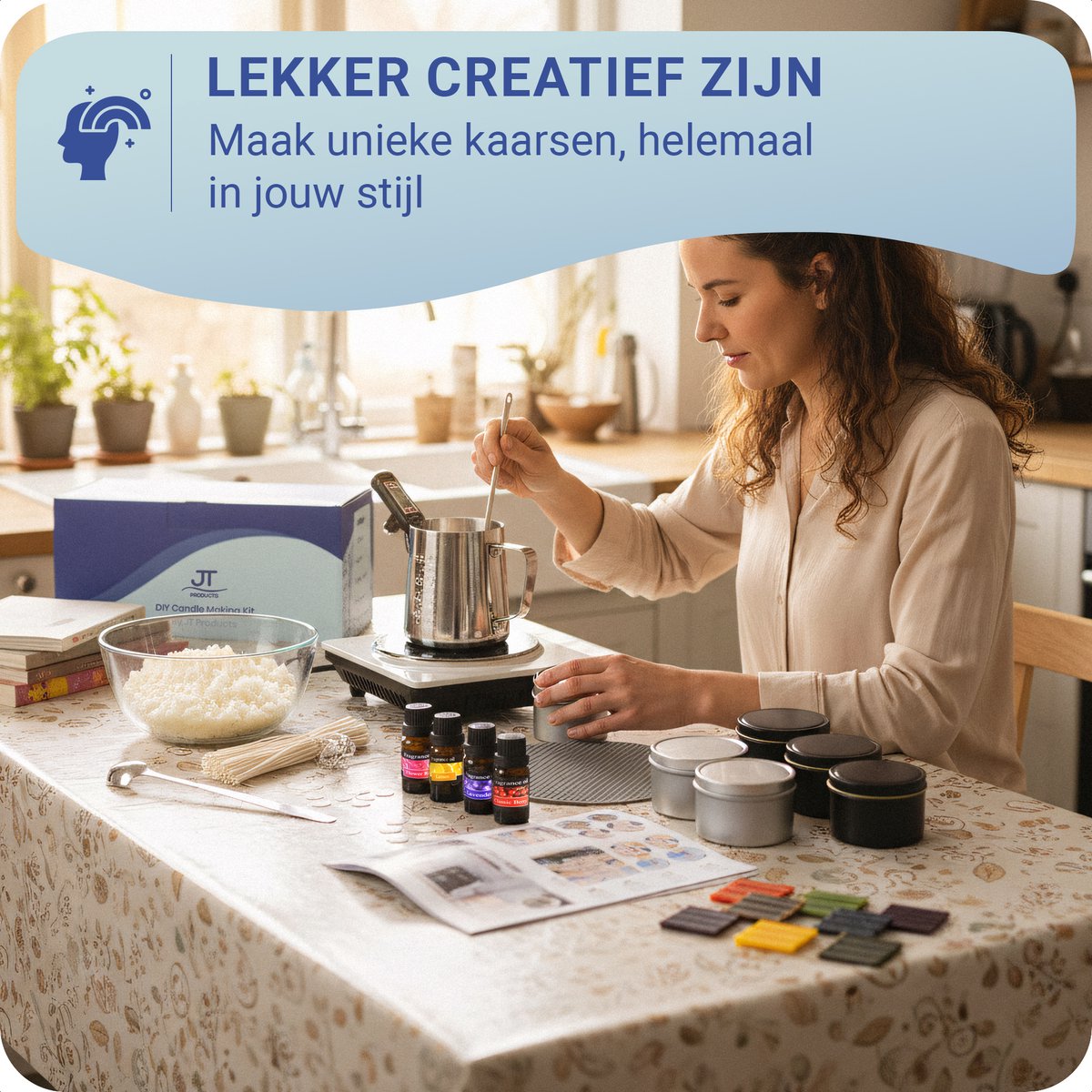 JT Products Kaarsen Maken Set – Inclusief 600 Gram Soja Wax - E-Book - Kaarsen Maken Voor Volwassenen – Geurkaars - Kaarslont – Kaarsenlont – Smeltpan – Kaarsen Maken Starterspakket – Candle Making Kit – DIY - Moederdag Cadeau - Cadeautje Voor Mama — afbeelding 2