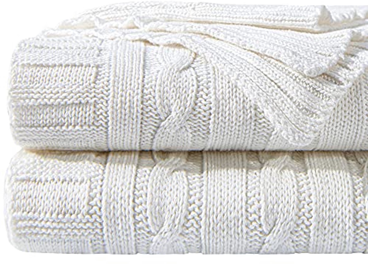 Image of 100% Katoenen Cable Knit Dekentje - Super Zacht en Warm - Geschikt voor Bank, Stoel en Bed - Machinewasbaar en Comfortabele Woondecoratie - Wit