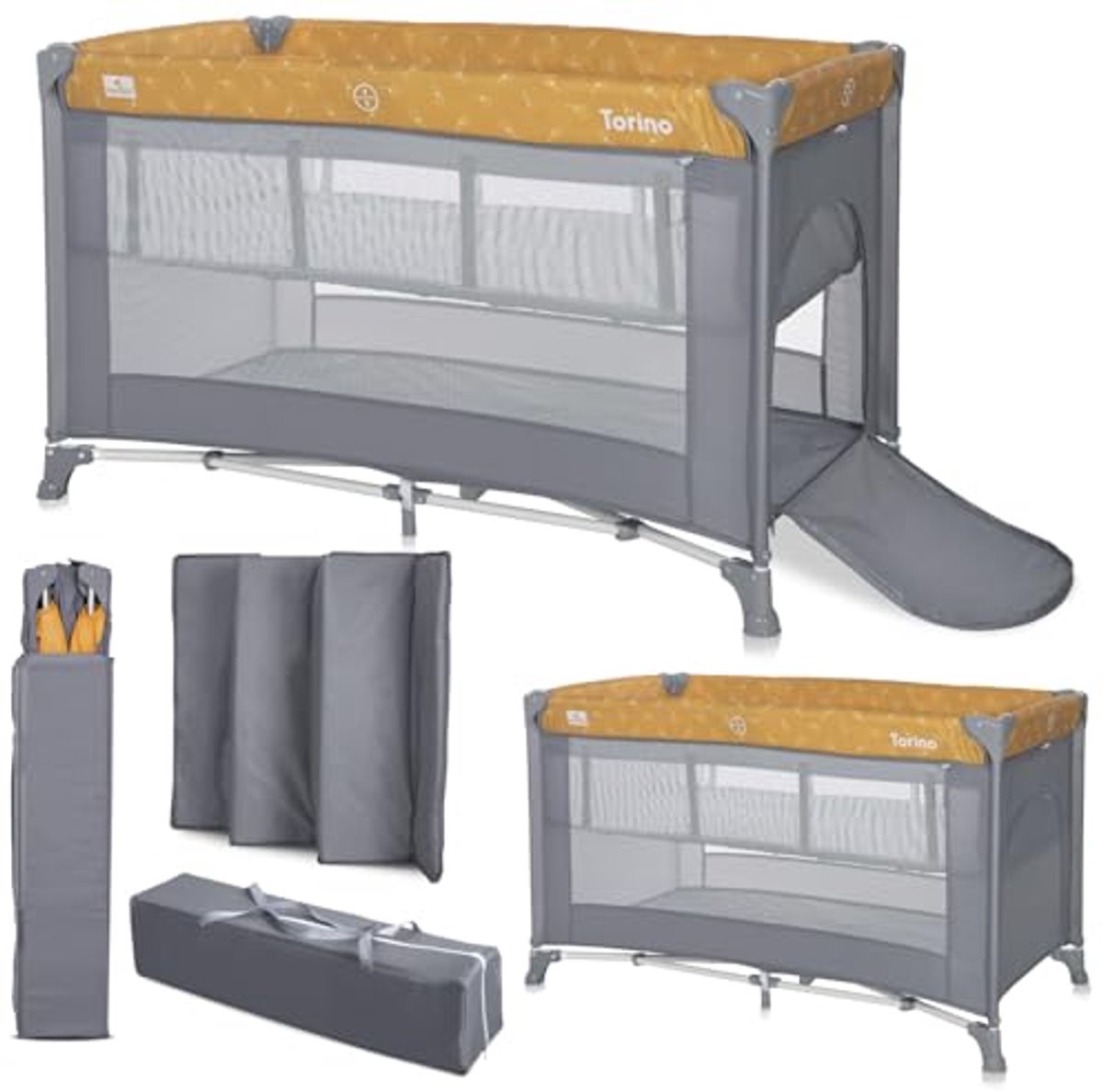 Image of 2 in 1 babybed en box Torino - Opvouwbaar reisbed met zijingang en pasgeborenen inzetstuk - Geschikt voor kinderen tot 15 kg, geel