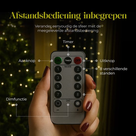 Afstandsbediening voor LED lichtgordijn met aan/uit, timer, dimfunctie en 8 standen.
