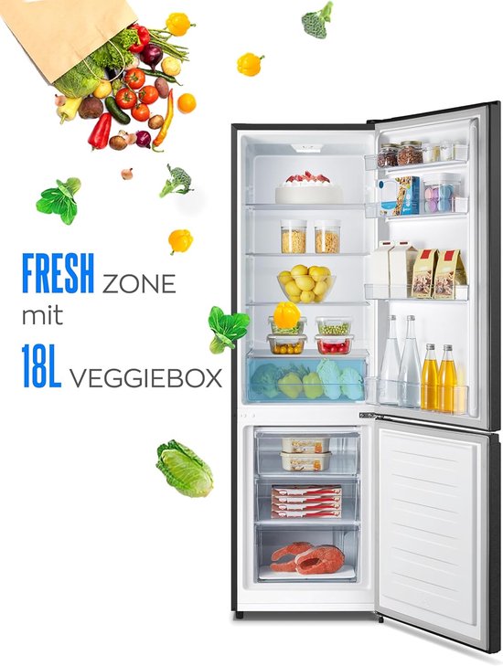 Zwarte koel-vriescombinatie met open deur, met 'FRESH ZONE mit 18L VEGGIEBOX' en vliegende groenten.