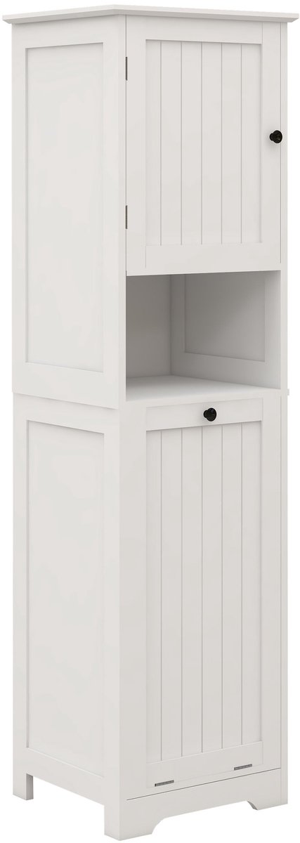 Merax Witte Wasmand Kast – 140 cm Kantelbare Was Sorter Kast met Opbergplanken – Houten Wasruimte Kast met Uitneembare Waszak