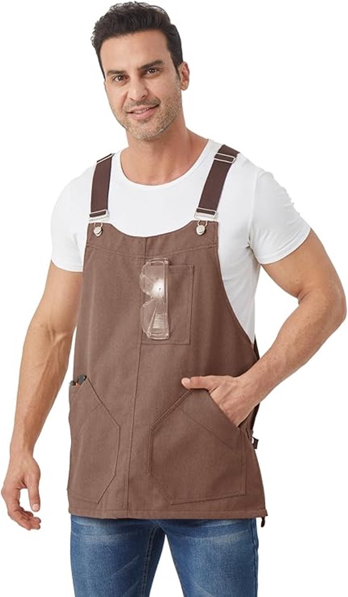 Werkschort voor heren, rietschapsschort met kruisrug, verstelbare canvasschort voor barbecue, timmerman, lasser - Braun