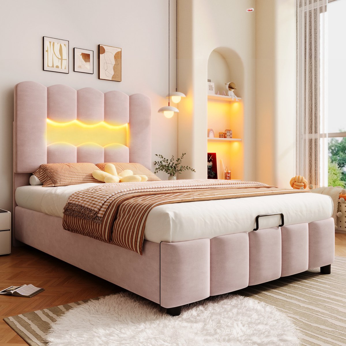 Sweiko Gestoffeerd bed - 90 x 200 cm - LED-verlichting - Hydraulisch bed - Verstelbaar hoofdeinde - Velvet - Roze