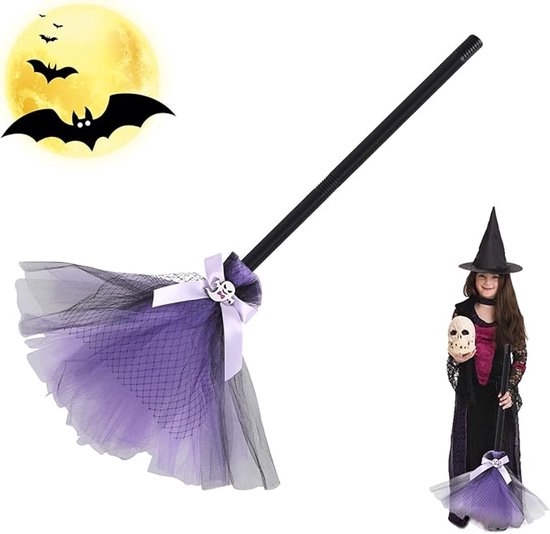 OIMG Halloween Heksenbezem - Kinderheksenbezem - Paarse Heksenbezem - Magische Heksenbezem - Bezemsteel - Afneembare Rollenspelbezem - Rekwisiet - Halloween Decoratie - Kinderkostuum Accessoire - Kostuumfeest - 90cm