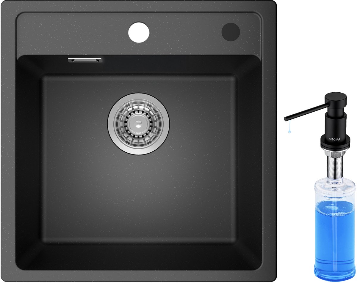 ANYCEE MAX Granieten Spoelbak 45x46cm - Spoelbakken Keuken Met Zeepdispenser 300ML - Spoelbakken Met Waterafvoersysteem - Opbouw Spoelbak - Antraciet